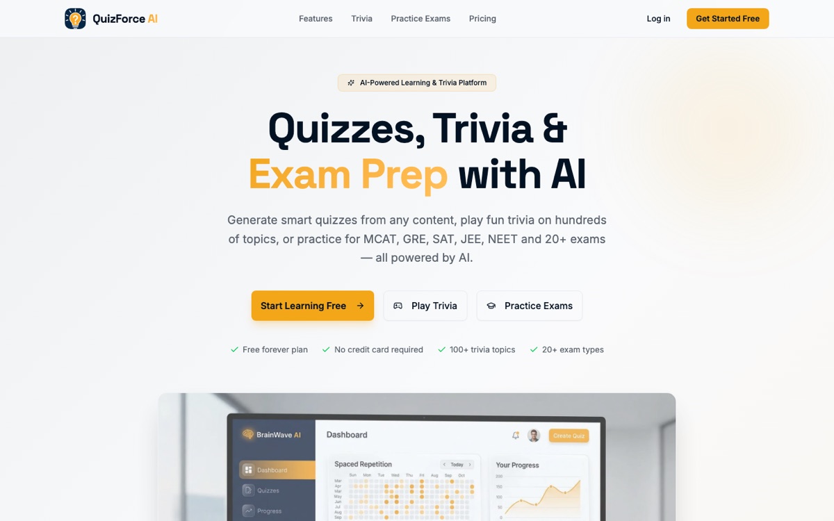 QuizForce — AI quiz generator and exam prep for MCAT, GRE, SAT